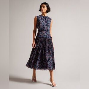 Ted Baker Coraal Midi Dress Navy Heart Print Sleeveless US 4